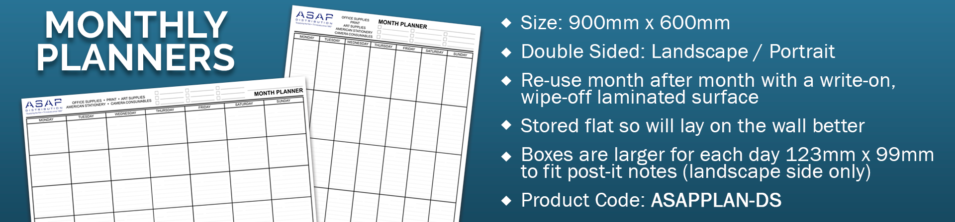 Laminated monthly planner landscape portrait 900 x 600mm double sided